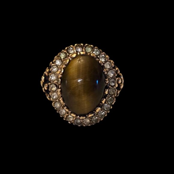 Vintage Tigers Eye Ring Cabochon Rhinestone Halo Cocktail 18 GE Espo Gold-Tone S - Picture 2 of 8